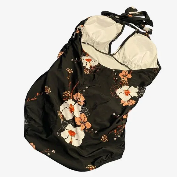Women's One Piece Swimsuit 2XL Brown Floral Print - Picture 3 of 5